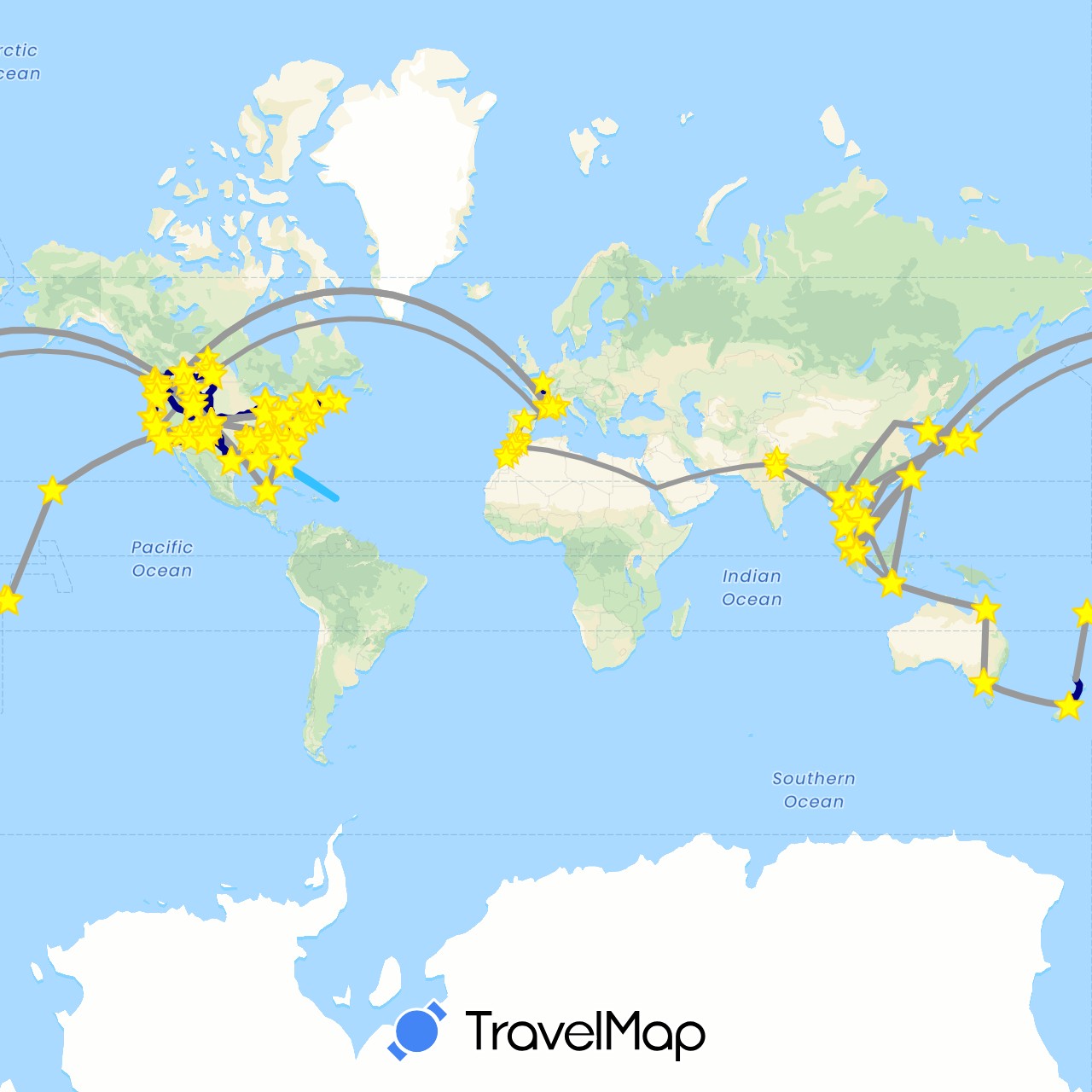 TravelMap itinerary: driving, bus, plane, train, boat in Australia, Bahamas, Canada, China, Spain, Fiji, France, Indonesia, India, Japan, Cambodia, South Korea, Morocco, Monaco, Mexico, Malaysia, New Zealand, Saudi Arabia, Singapore, Thailand, Taiwan, United States, British Virgin Islands, Vietnam, Samoa (Africa, Asia, Europe, North America, Oceania)