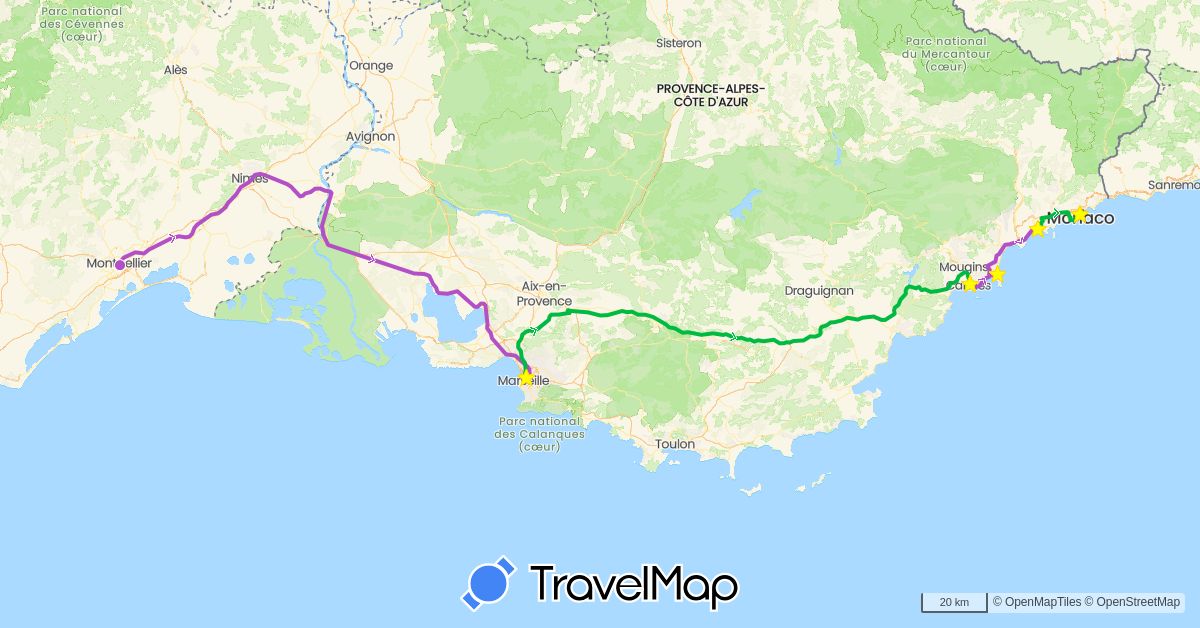 TravelMap itinerary: bus, train in France, Monaco (Europe)