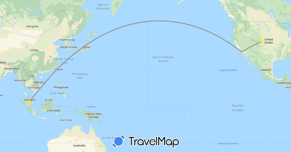 TravelMap itinerary: driving, plane in Malaysia, Taiwan, United States (Asia, North America)