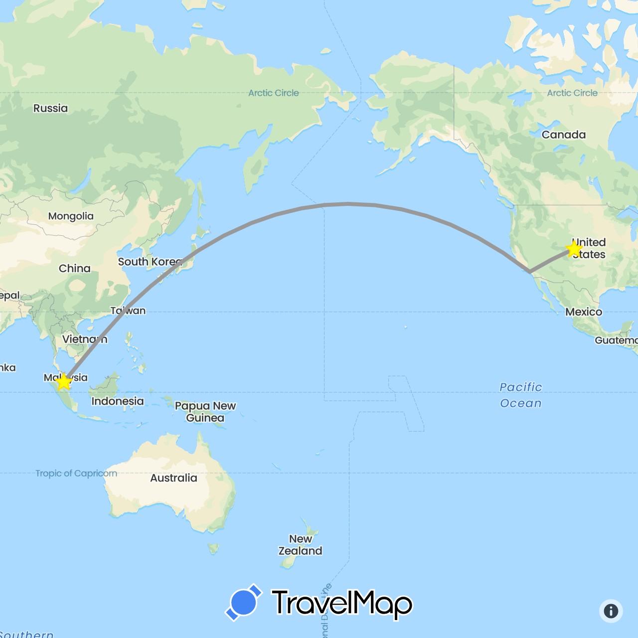 TravelMap itinerary: driving, plane in Malaysia, Taiwan, United States (Asia, North America)