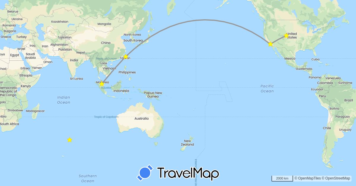 TravelMap itinerary: driving, plane in Malaysia, Taiwan, United States (Asia, North America)
