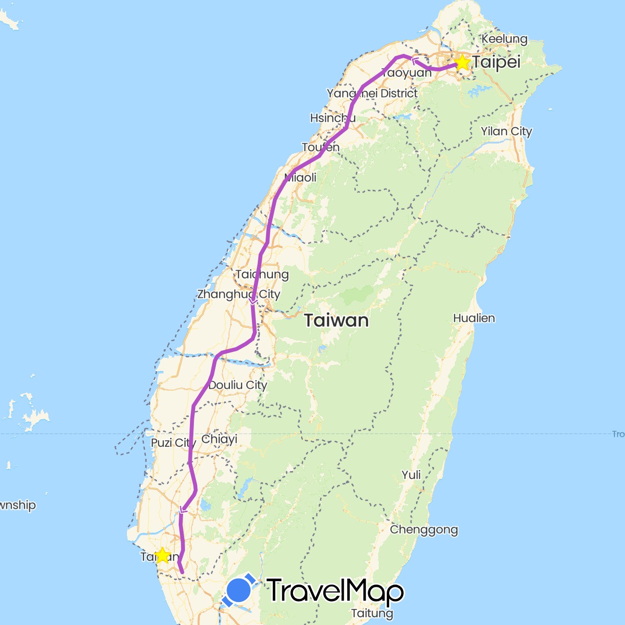 TravelMap itinerary: driving, train in Taiwan (Asia)
